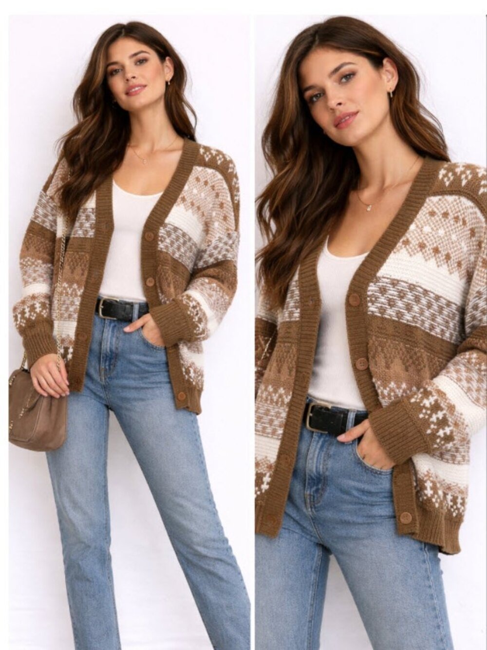 Aritzia Wilfred Free Merino Wool Fair Isle Knit Cardigan Brown Cream Pattern Med